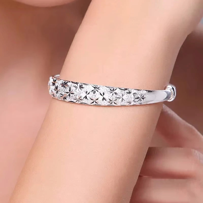 Star Pattern 925 Sterling Silver Resizable Bangle | Tarnish-Resistant Star Cuff for Women