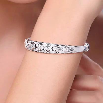 Star Pattern 925 Sterling Silver Resizable Bangle | Tarnish-Resistant Star Cuff for Women