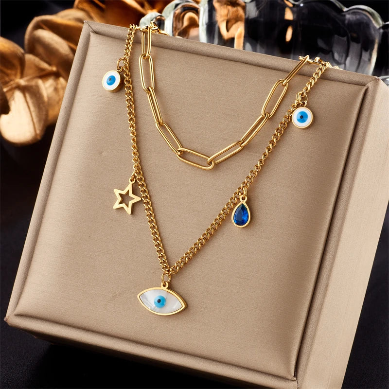 Heart Eye & Butterfly Multi-Motif Necklace | Waterproof 316L Stainless Steel Gold Link Chain