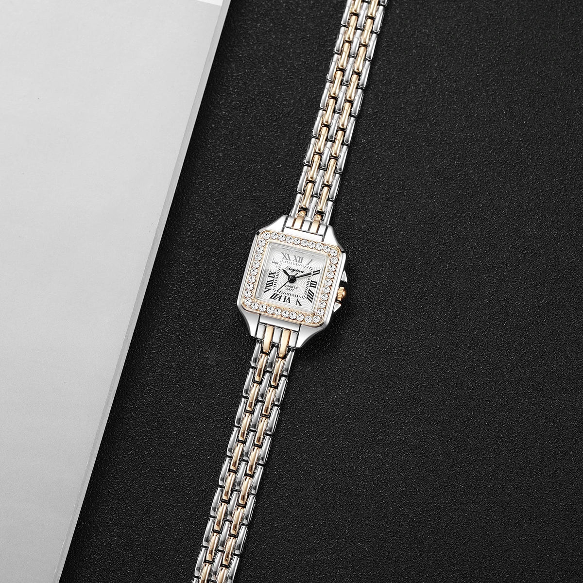 Luxe Rhinestone Square Watch | Elegant Roman Numeral Dial & Polished Gold-Tone Wristwatch