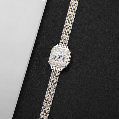 Rhinestone Square Watch | Gold-Tone Roman Numeral Dial & Slim Alloy Bracelet