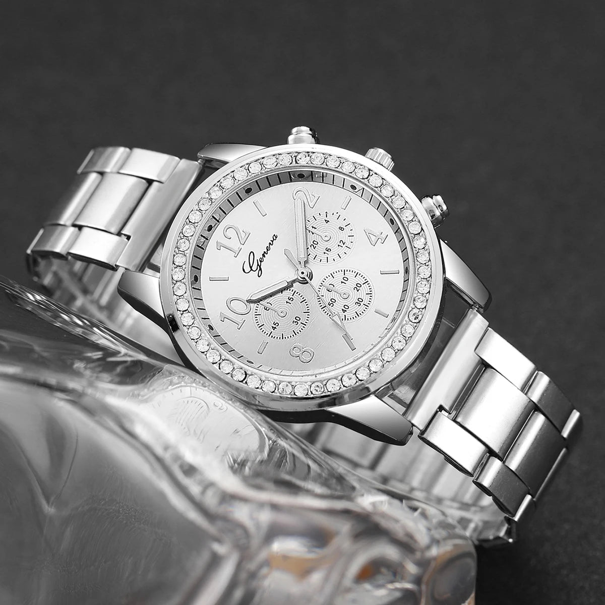4-Piece Rhinestone Watch & Stackable Bracelet Set | 36-38mm Quartz Watch with 3 Bracelets