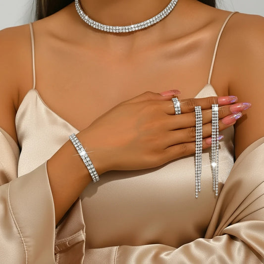 4/5pcs Luxurious Rhinestone Jewellery Set for Women | Choker, Earrings, Bracelet & Ring