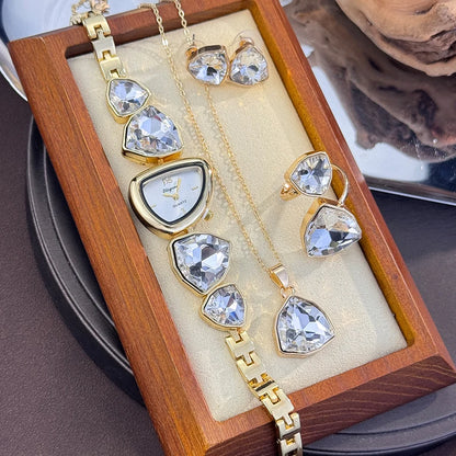 4-Piece Colourful Crystal Watch & Jewellery Set | Irregular Shape Quartz Watch, Necklace, Ring & Earrings