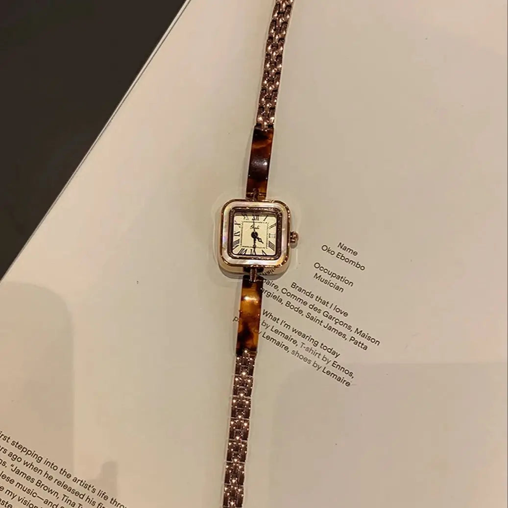 Vintage Square Amber-Tone Watch | 22mm Roman Numeral Stainless Steel Bracelet