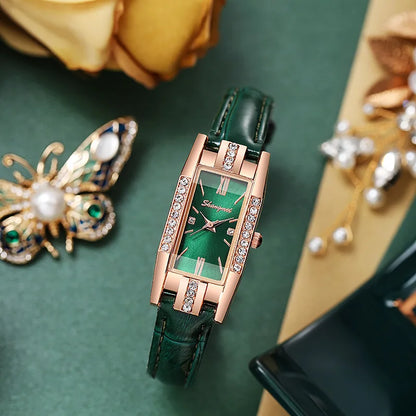 2-Piece Rectangle Watch Set | Women's Minimalist Leather Band Quartz Wristwatches