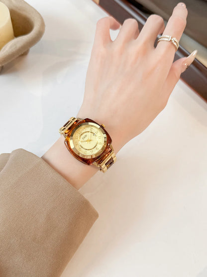 Square Amber Dial Watch | Stainless Steel Bracelet with Date Calendar & Arabic Numerals