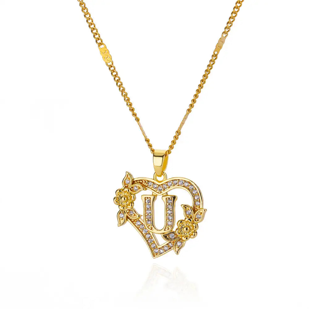 Initial Letter Heart Pendant Necklace | Zircon Flower & Personalised Letter, 316L Stainless Steel