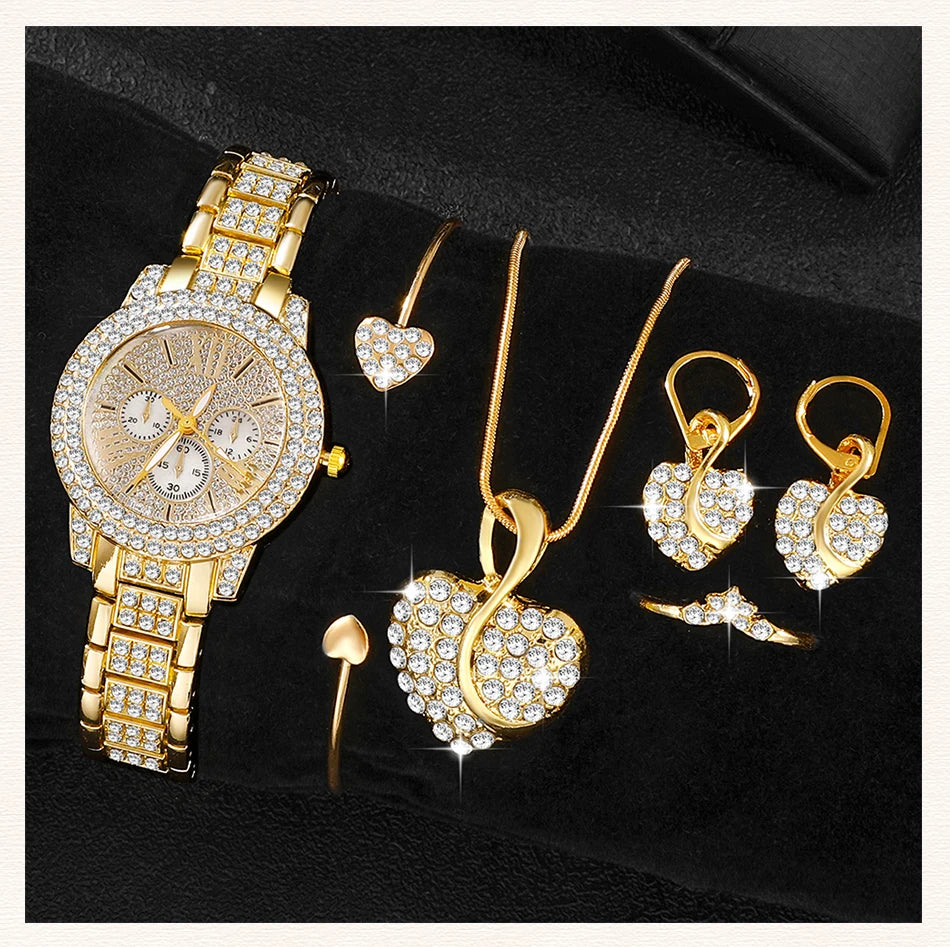 6-Piece Rhinestone Watch & Jewellery Set | Gold-Tone Quartz Watch with Necklace, Bracelet, Ring & Earrings