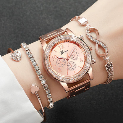 4-Piece Rhinestone Watch & Stackable Bracelet Set | 36-38mm Quartz Watch with 3 Bracelets