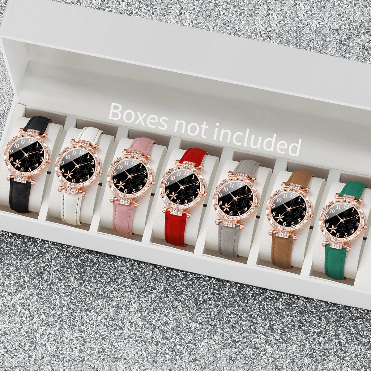 7-Piece Rhinestone Watch Set | 33mm Round Dial with PU Leather Bands in 7 Colours