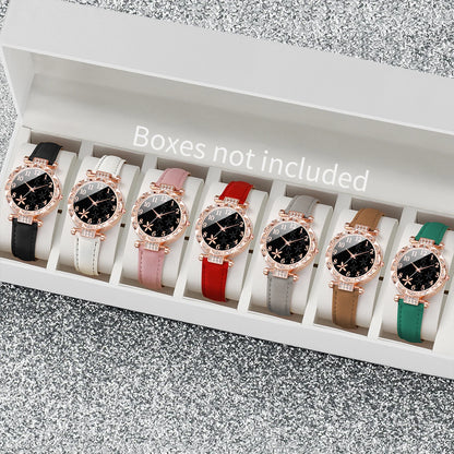 7-Piece Rhinestone Watch Set | 33mm Round Dial with PU Leather Bands in 7 Colours