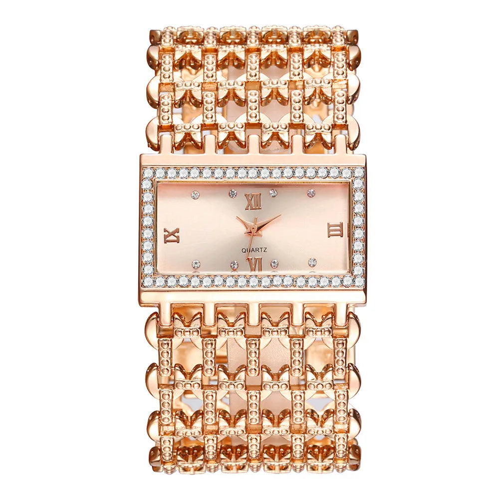 Gold-Tone Skeleton Cuff Watch | 35mm Wide Openwork Bangle with Square Rhinestone Dial