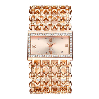 Gold-Tone Skeleton Cuff Watch | 35mm Wide Openwork Bangle with Square Rhinestone Dial