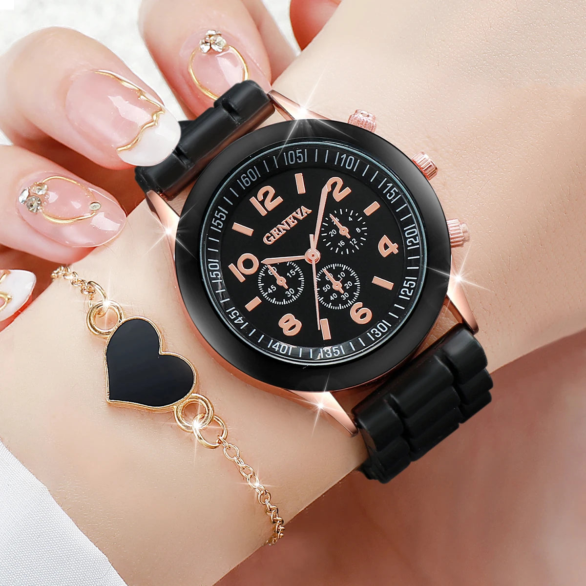 4-Piece Heart Watch & Jewellery Set | 38mm Quartz Watch with Silicone Band, Necklace, Bracelet & Earrings