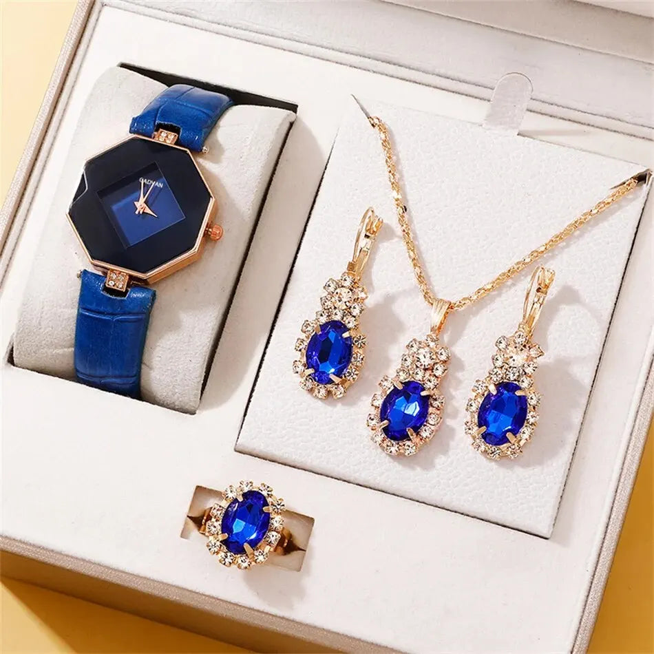 5-Piece Rhinestone Watch & Jewellery Set | Women's Quartz Watch with Necklace, Ring & Earrings