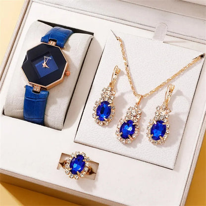 5-Piece Rhinestone Watch & Jewellery Set | Women's Quartz Watch with Necklace, Ring & Earrings