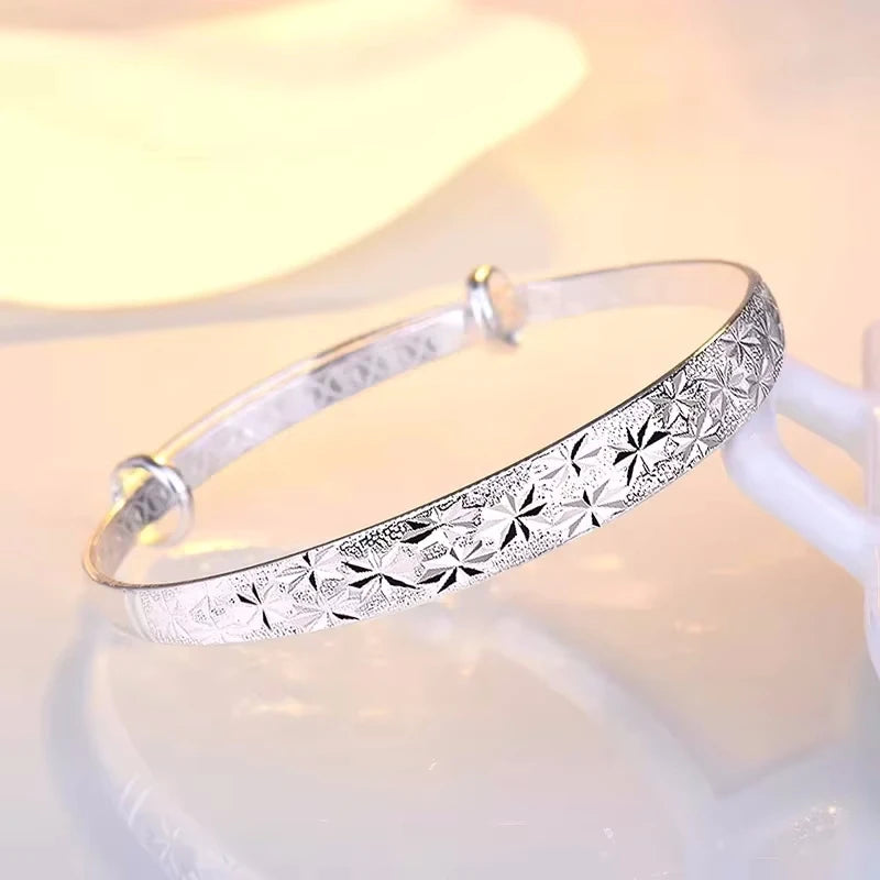 Star Pattern 925 Sterling Silver Resizable Bangle | Tarnish-Resistant Star Cuff for Women