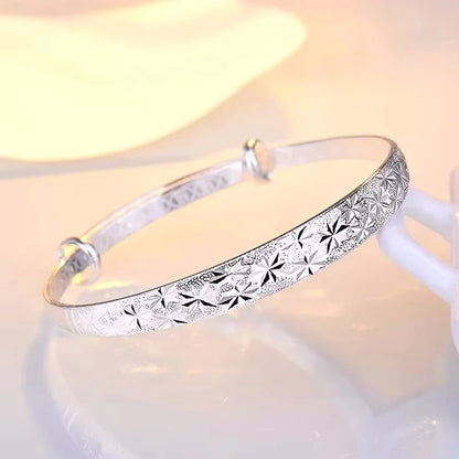 Star Pattern 925 Sterling Silver Resizable Bangle | Tarnish-Resistant Star Cuff for Women