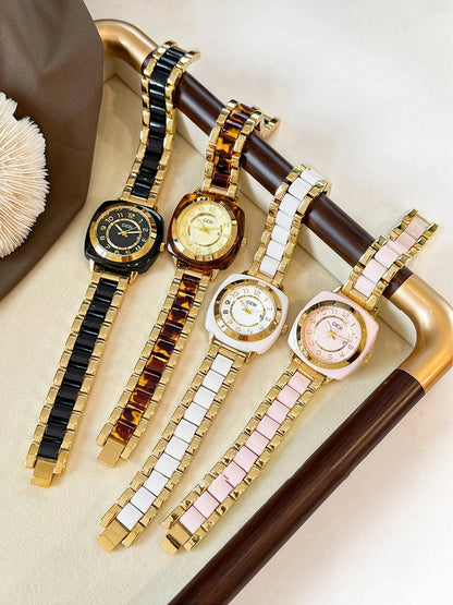Square Amber Dial Watch | Stainless Steel Bracelet with Date Calendar & Arabic Numerals