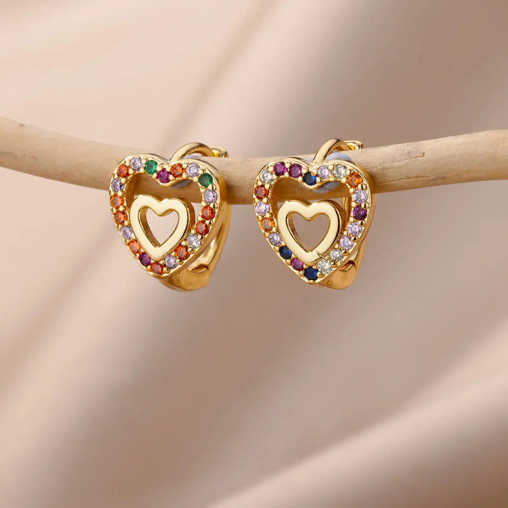 Hollow Zircon Heart Studs | Waterproof Gold Stainless Steel Screw-Back Earrings
