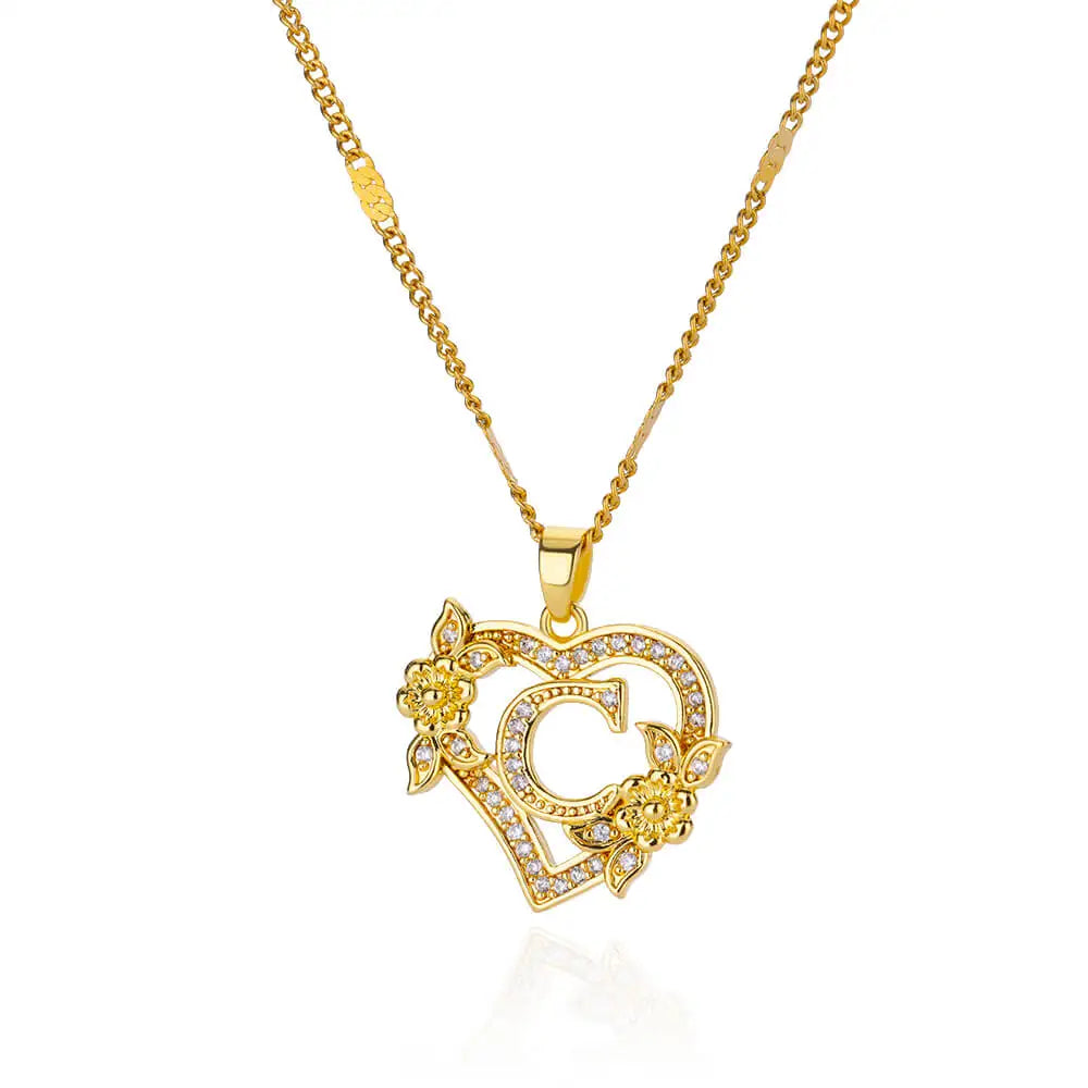 Initial Letter Heart Pendant Necklace | Zircon Flower & Personalised Letter, 316L Stainless Steel