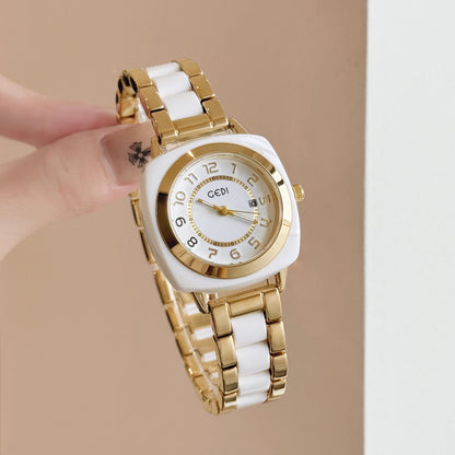 Square Amber Dial Watch | Stainless Steel Bracelet with Date Calendar & Arabic Numerals
