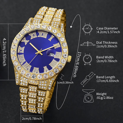 Rhinestone Calendar Watch | 42mm Roman Numeral Dial, Stainless Steel, 20mm Alloy Band