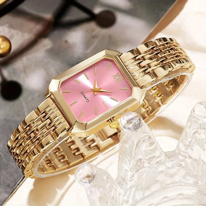 6-Piece Rectangle Watch & Heart Jewellery Set | 27mm Roman Numeral Quartz Watch, Necklace, Bracelet, Ring & Earrings
