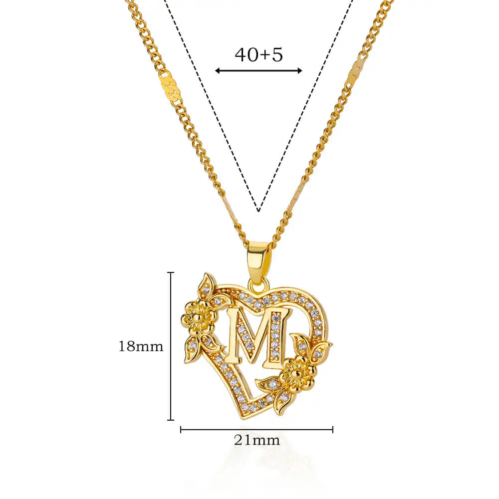Initial Letter Heart Pendant Necklace | Zircon Flower & Personalised Letter, 316L Stainless Steel