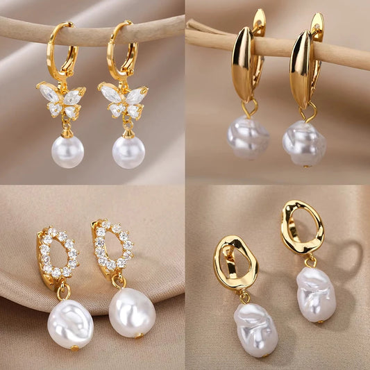 Butterfly Pearl & Zircon Droplets | Waterproof 316L Stainless Steel Gold Plated Earrings