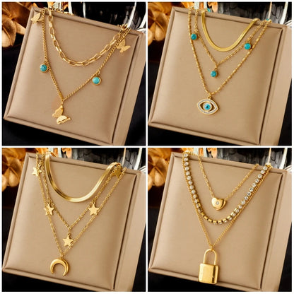 Multilayer Butterfly, Moon & Evil Eye Pendant Necklace | Waterproof 316L Stainless Steel
