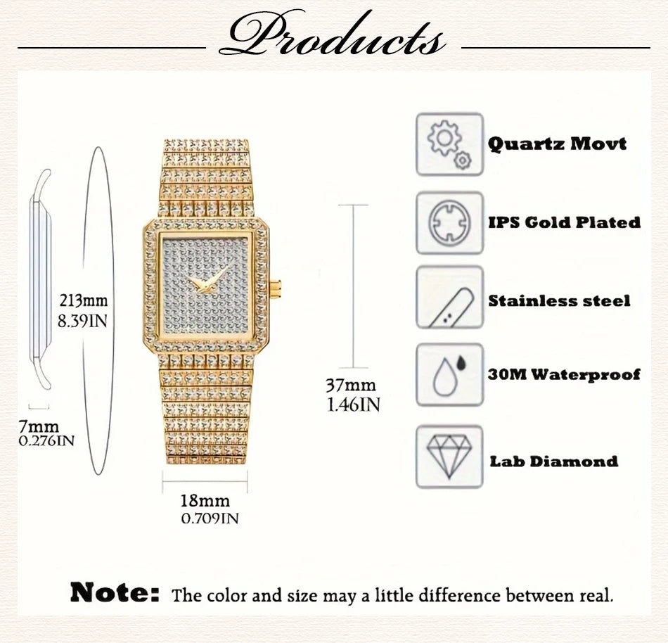 Gold Square Rhinestone Bracelet Watch for Women | Rhinestone Encrusted Quartz Timepiece