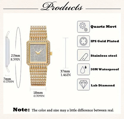 Gold Square Rhinestone Bracelet Watch for Women | Rhinestone Encrusted Quartz Timepiece