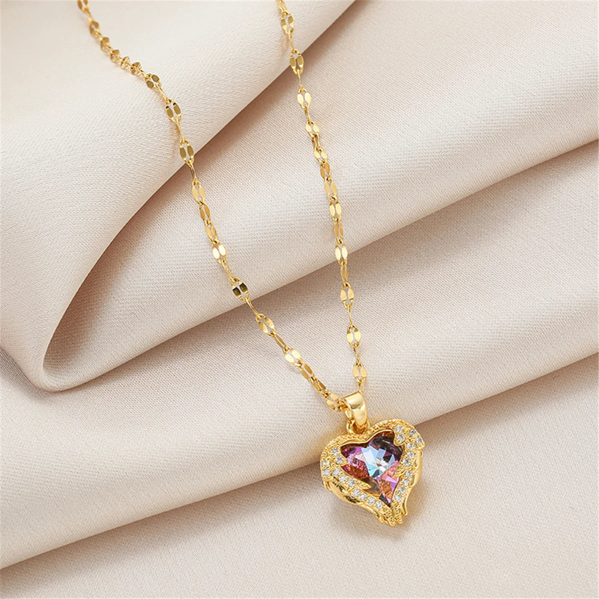 Colourful Crystal Heart Pendant Necklace | 18K Gold-Plated 316L Stainless Steel