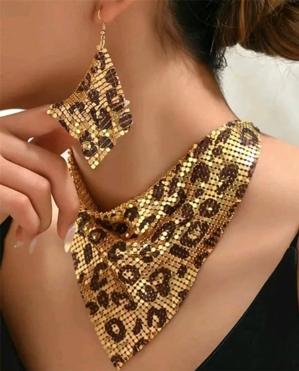 Leopard Print Faux-Leather Bib Necklace & Dangle Earrings Set
