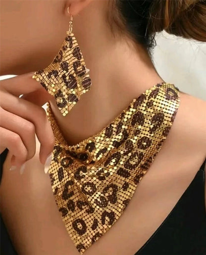 Leopard Print Faux-Leather Bib Necklace & Dangle Earrings Set