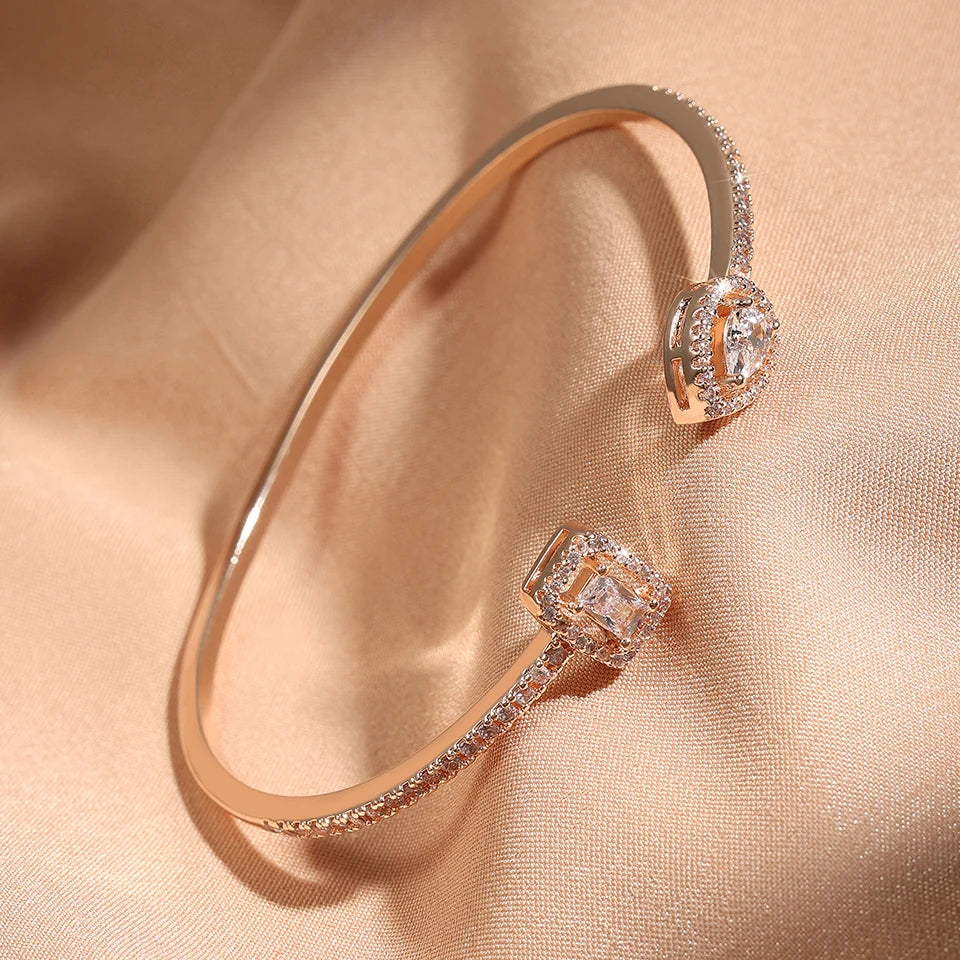 Geometric Gold Cuff Bangle | AAA+ Cubic Zirconia Tension Setting, Copper, 7g