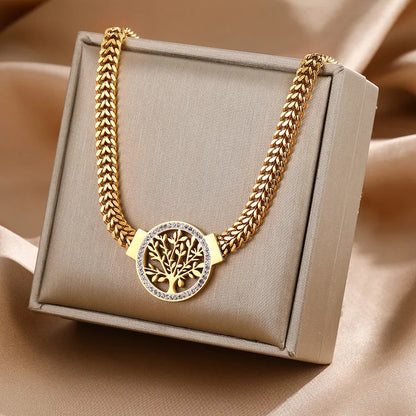Tree of Life Pendant Necklace & Zircon Earrings Set | 316L Stainless Steel, 5mm Chain, 40cm+5cm
