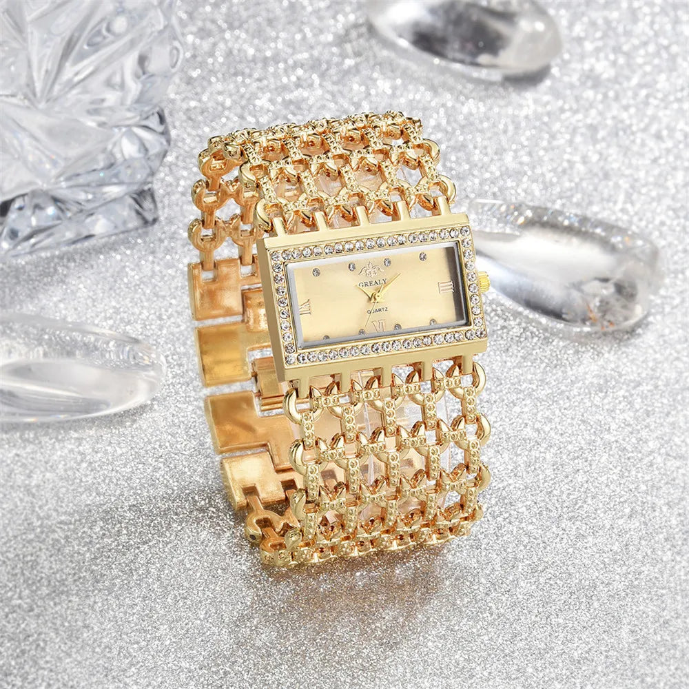 Gold-Tone Skeleton Cuff Watch | 35mm Wide Openwork Bangle with Square Rhinestone Dial