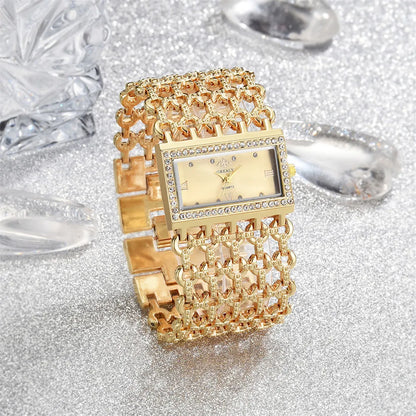 Gold-Tone Skeleton Cuff Watch | 35mm Wide Openwork Bangle with Square Rhinestone Dial