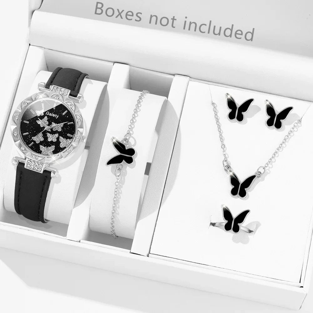 6-Piece Butterfly Watch & Jewellery Set | 33mm Numberless Dial, PU Leather Strap, Necklace, Bracelet, Ring & Earrings
