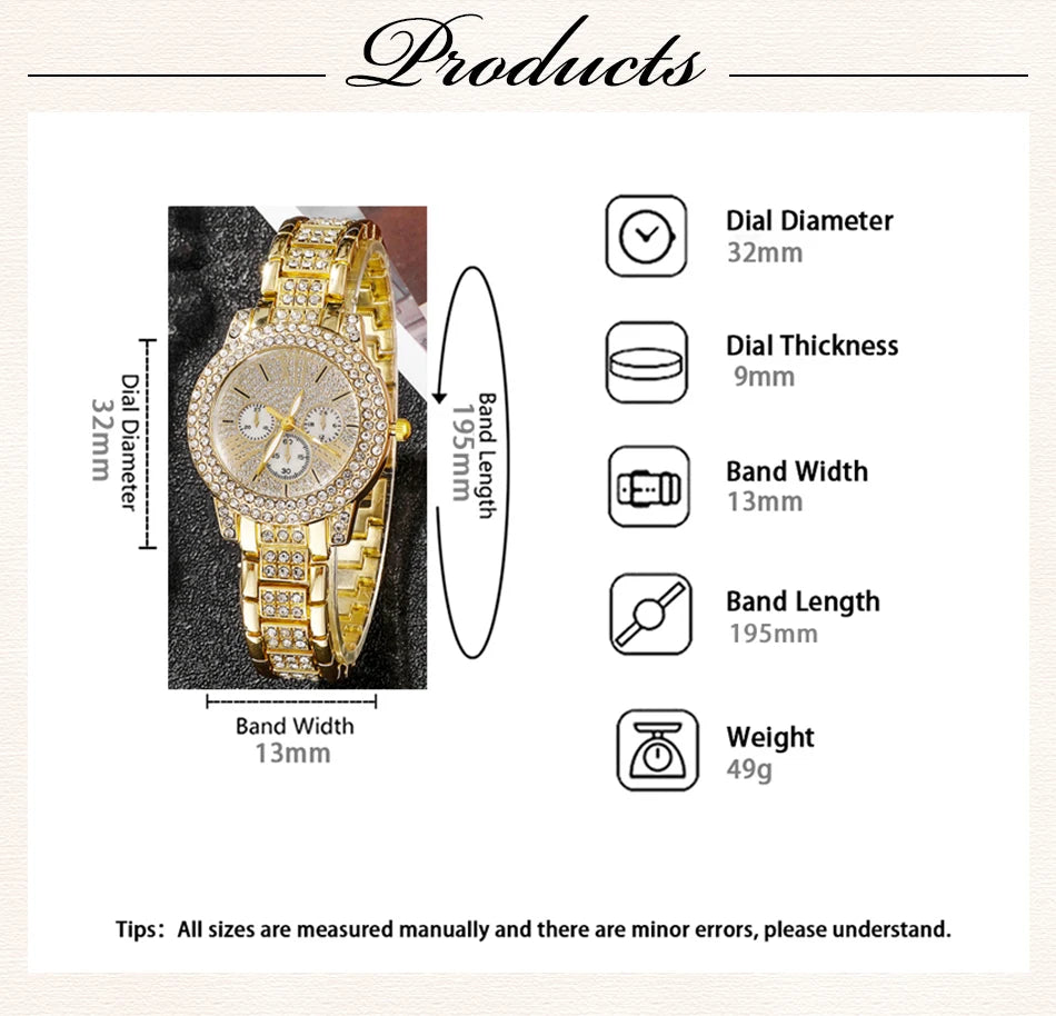 6-Piece Rhinestone Watch & Jewellery Set | Gold-Tone Quartz Watch with Necklace, Bracelet, Ring & Earrings
