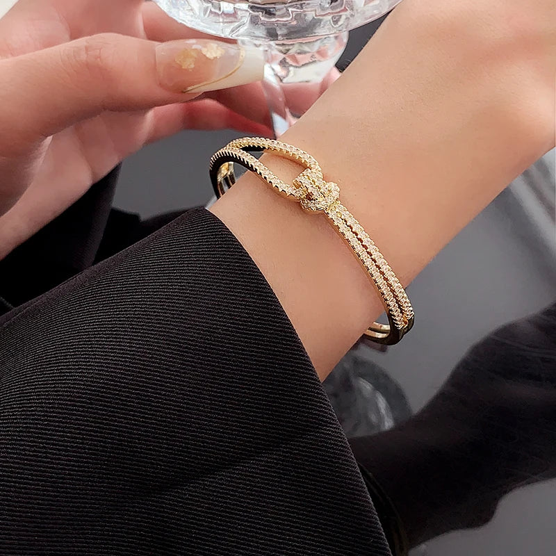 Elegant Golden Knot Cuff | Exquisite Full Zircon Minimalist Bangle for Weddings & Special Occasions