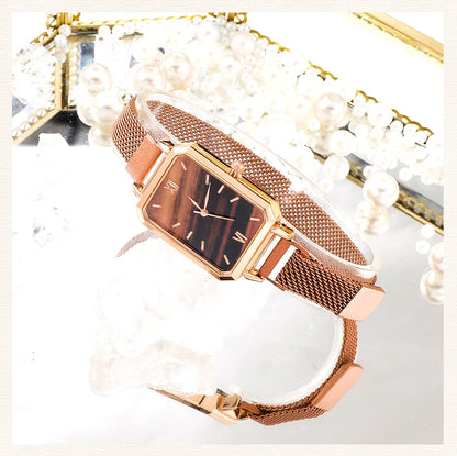 Green Dial Square Watch | Rose Gold Mesh Strap, 24mm, Roman Numerals, Quartz