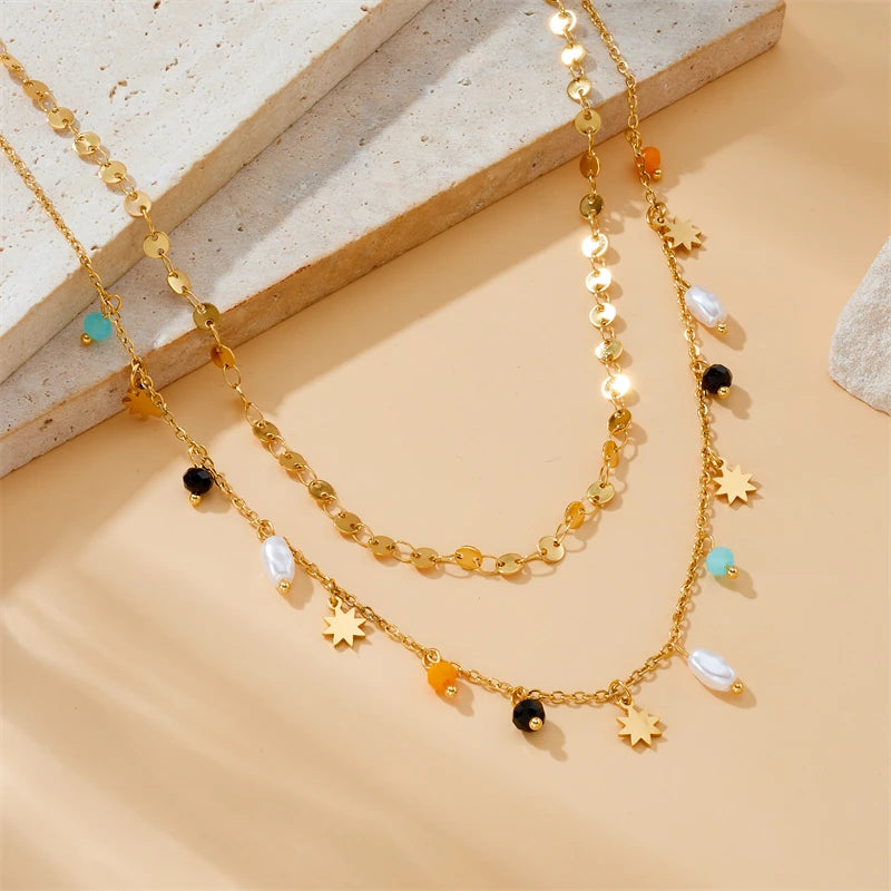 Pearl & Star Pendant Necklace | 316L Stainless Steel Gold Blade Chain, 2cm Pendant