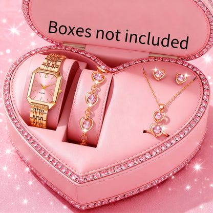 6-Piece Rectangle Watch & Heart Jewellery Set | 27mm Roman Numeral Quartz Watch, Necklace, Bracelet, Ring & Earrings