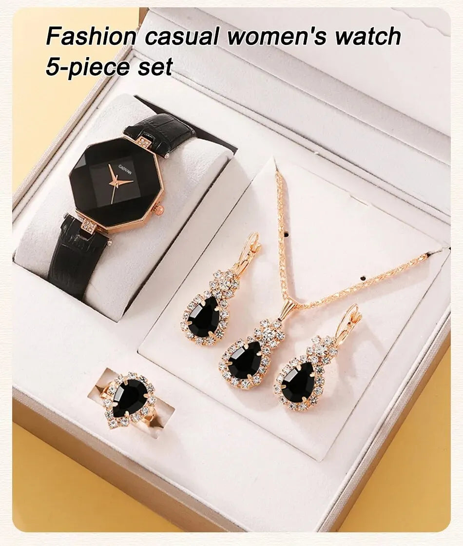 5-Piece Rhinestone Watch & Jewellery Set | Women's Quartz Watch with Necklace, Ring & Earrings