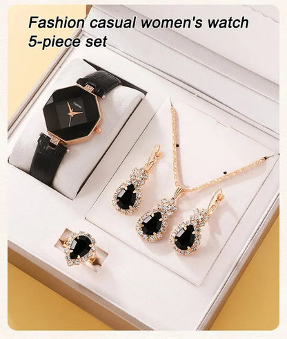 5-Piece Rhinestone Watch & Jewellery Set | Women's Quartz Watch with Necklace, Ring & Earrings