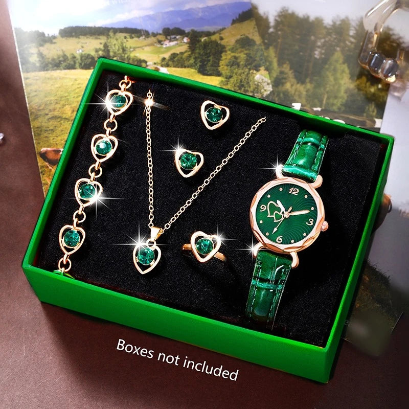 6-Piece Butterfly & Double Heart Watch & Jewellery Set | Rhinestone Irregular Watch, Necklace, Bracelet, Ring & Earrings